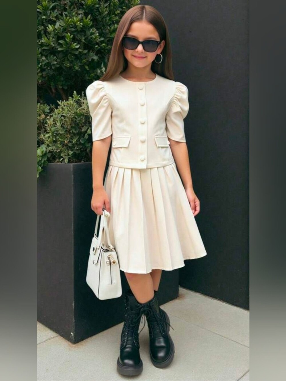NWOT! SHEIN Cream Pleated Short Puff Sleeve Dress Size 12Y